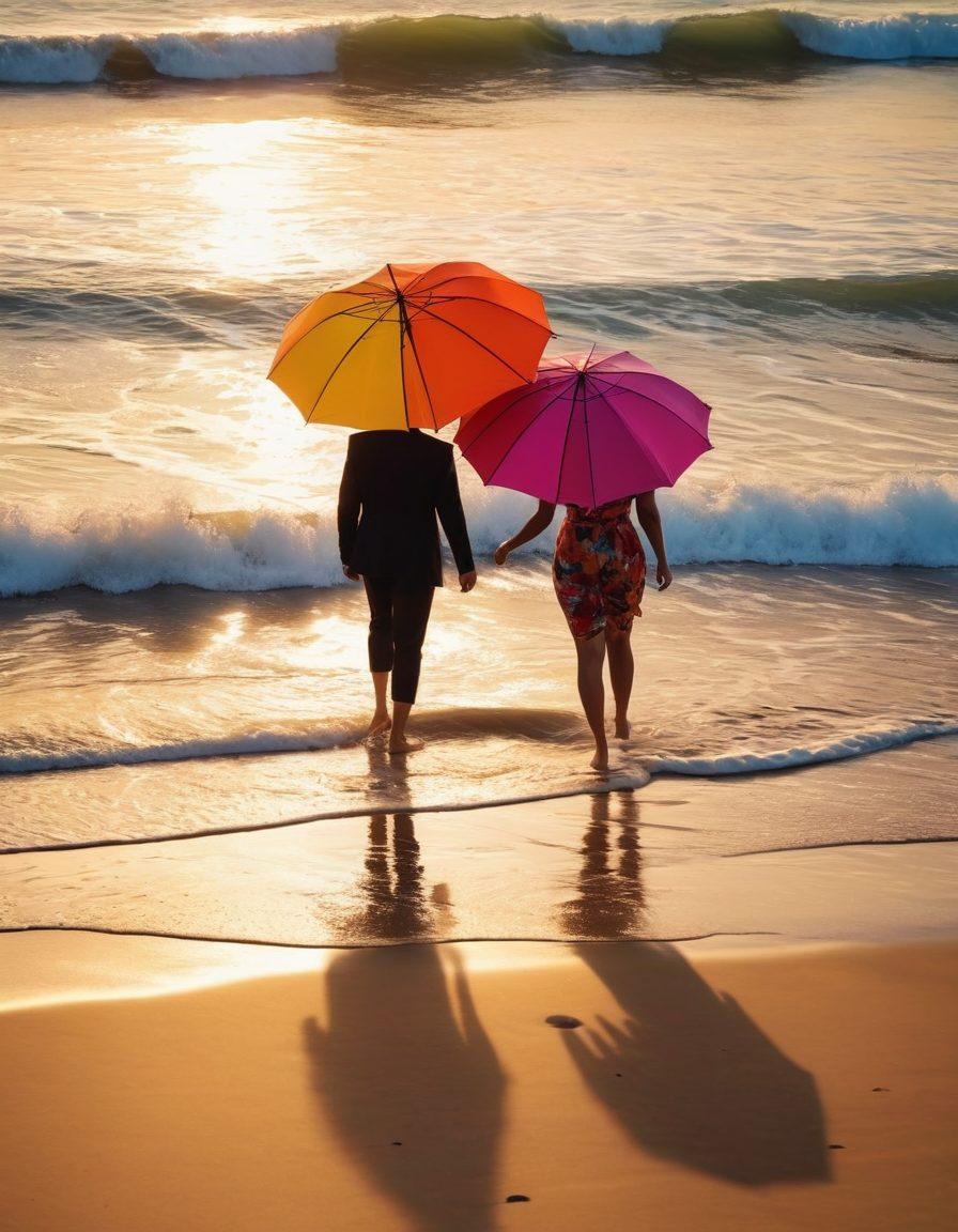 A striking scene of a vibrant beach with two fashionable individuals wearing trendy two-piece suits, radiating joy and confidence. The background showcases a glowing sunset with colorful beach umbrellas and playful waves. Incorporate elements of transformation, such as before-and-after silhouettes in the sand, representing the shift from gloom to glam. The overall atmosphere should be bright and uplifting, emphasizing the joy of beach life. super-realistic. vibrant colors. beach setting.