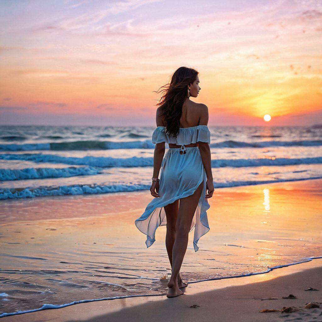 A serene beach scene where a stylish model in chic beachwear embodies melancholy, gazing thoughtfully at the horizon. Soft waves lapping at her feet, with a pastel sunset casting gentle hues across the sky. Elements of emotion through subtle expressions and flowing fabric that conveys movement. Include delicate seashells and beach accessories scattered around to enhance the composition. super-realistic. vibrant colors. soft focus.